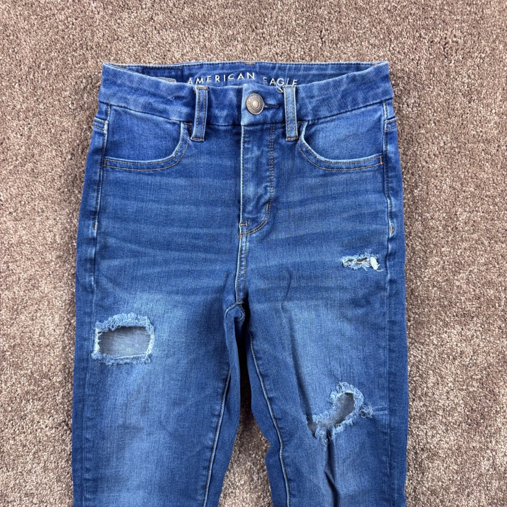 American Eagle The Dream Jean Curvy Hi-Rise Jegging Blue Distressed Sz 00‎ Reg